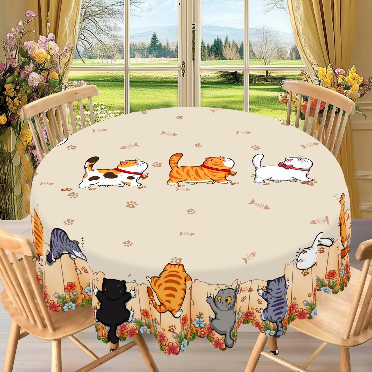 1 Piece of Cute Cat Round Tablecloth, 5 Sizes Available, Cute Cartoon Cat Pattern Printed Desk Tablecloth, Edge Embossing Process, Courtyard Bedroom Decoration, Tablecloth for Daily Home Kitchen, Terrace Use, Spring Decoration