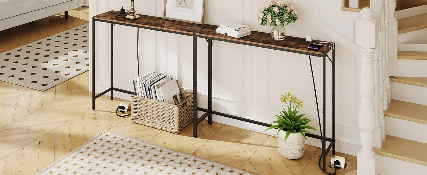 Console Table, Narrow Sofa Table, Entrance Table with Power Station, Behind Couch Table, Simple Style