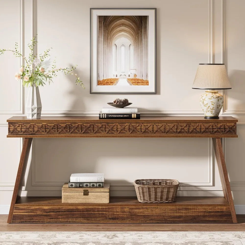 Farmhouse Console Table, 70.8" Extra Long Entryway Table with Storage, 2-Tier Narrow Sofa Table Behind The Couch, Rustic Wood.