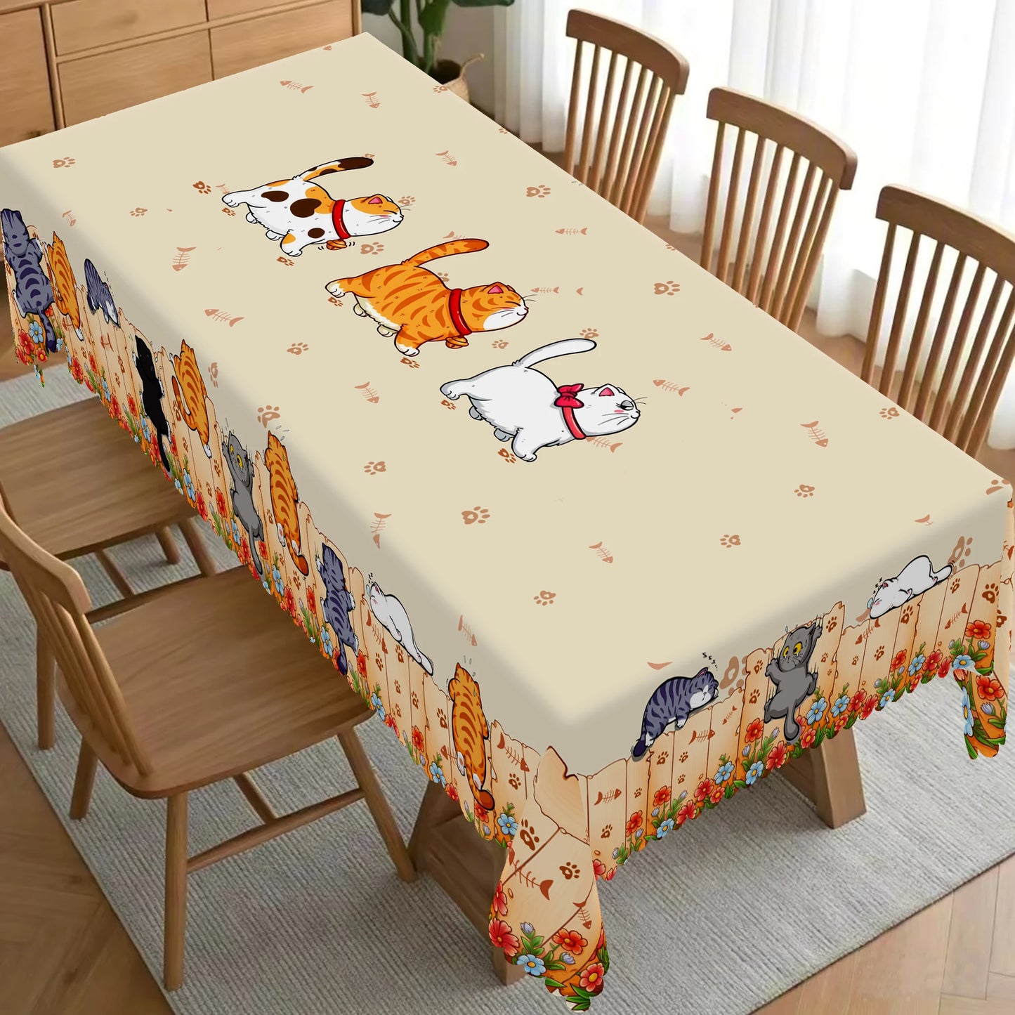 1 Piece of Cute Cat Round Tablecloth, 5 Sizes Available, Cute Cartoon Cat Pattern Printed Desk Tablecloth, Edge Embossing Process, Courtyard Bedroom Decoration, Tablecloth for Daily Home Kitchen, Terrace Use, Spring Decoration