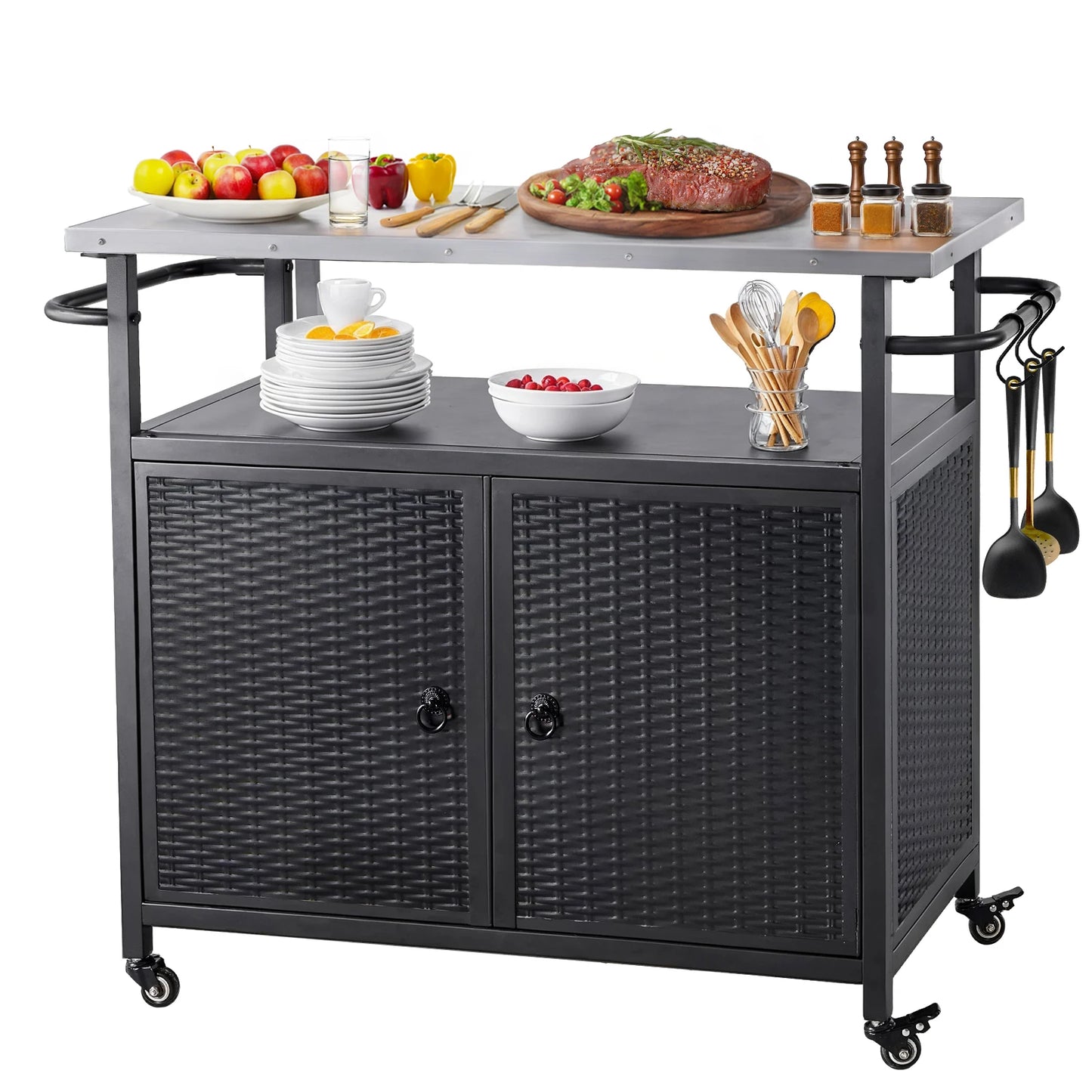 Outdoor Grill Cart with Storage Cabinet Metal Grill Cart Kitchen Island Cart Stainless Steel Top Wgeels for BBQ Patio Backyard