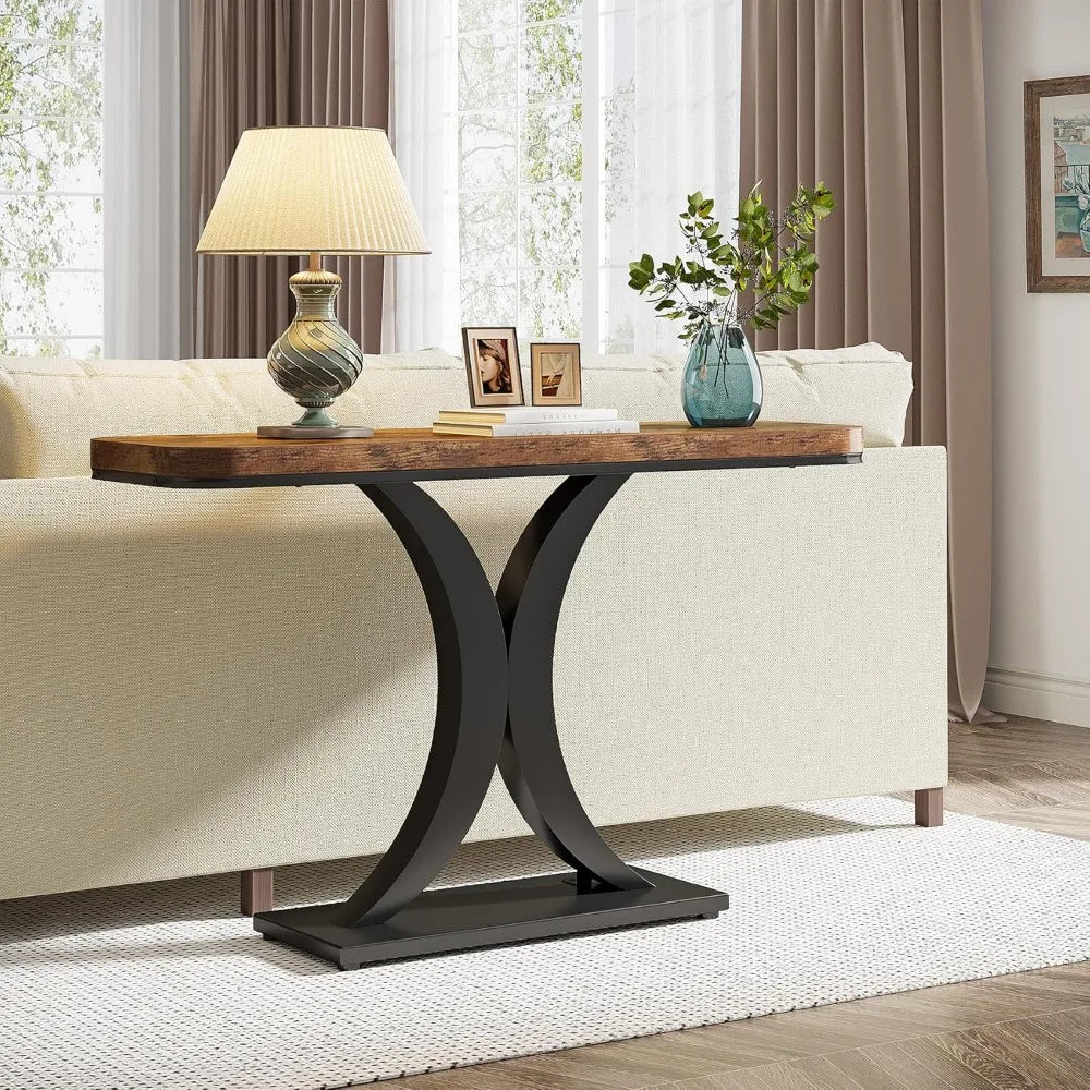 Industrial Console Table, 40 inch Narrow Entryway Foyer Table with Geometric Base, Rustic Hallway Accent Table for Living Room.