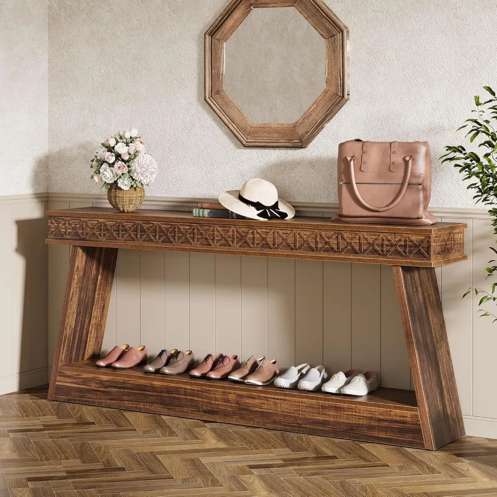 Farmhouse Console Table, 70.8" Extra Long Entryway Table with Storage, 2-Tier Narrow Sofa Table Behind The Couch, Rustic Wood.
