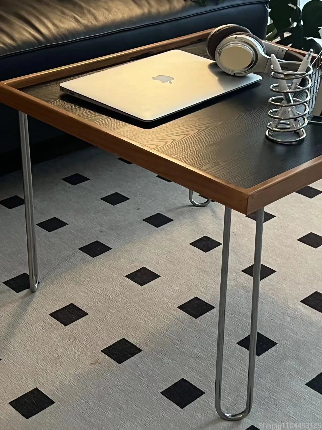 Elegant Square Coffee Table, Mid-Century Modern Nordic Style, Stainless Steel, Cherry Finish