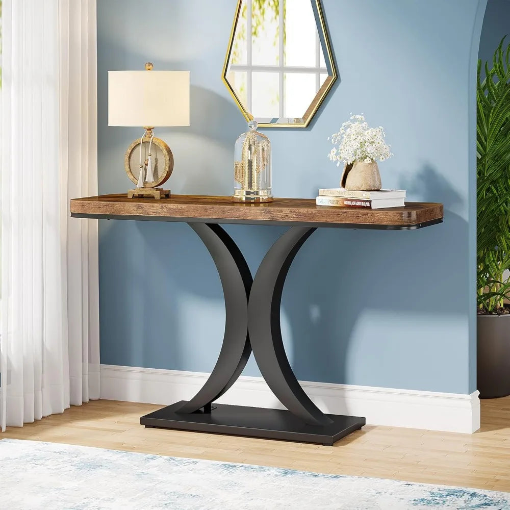 Industrial Console Table, 40 inch Narrow Entryway Foyer Table with Geometric Base, Rustic Hallway Accent Table for Living Room.