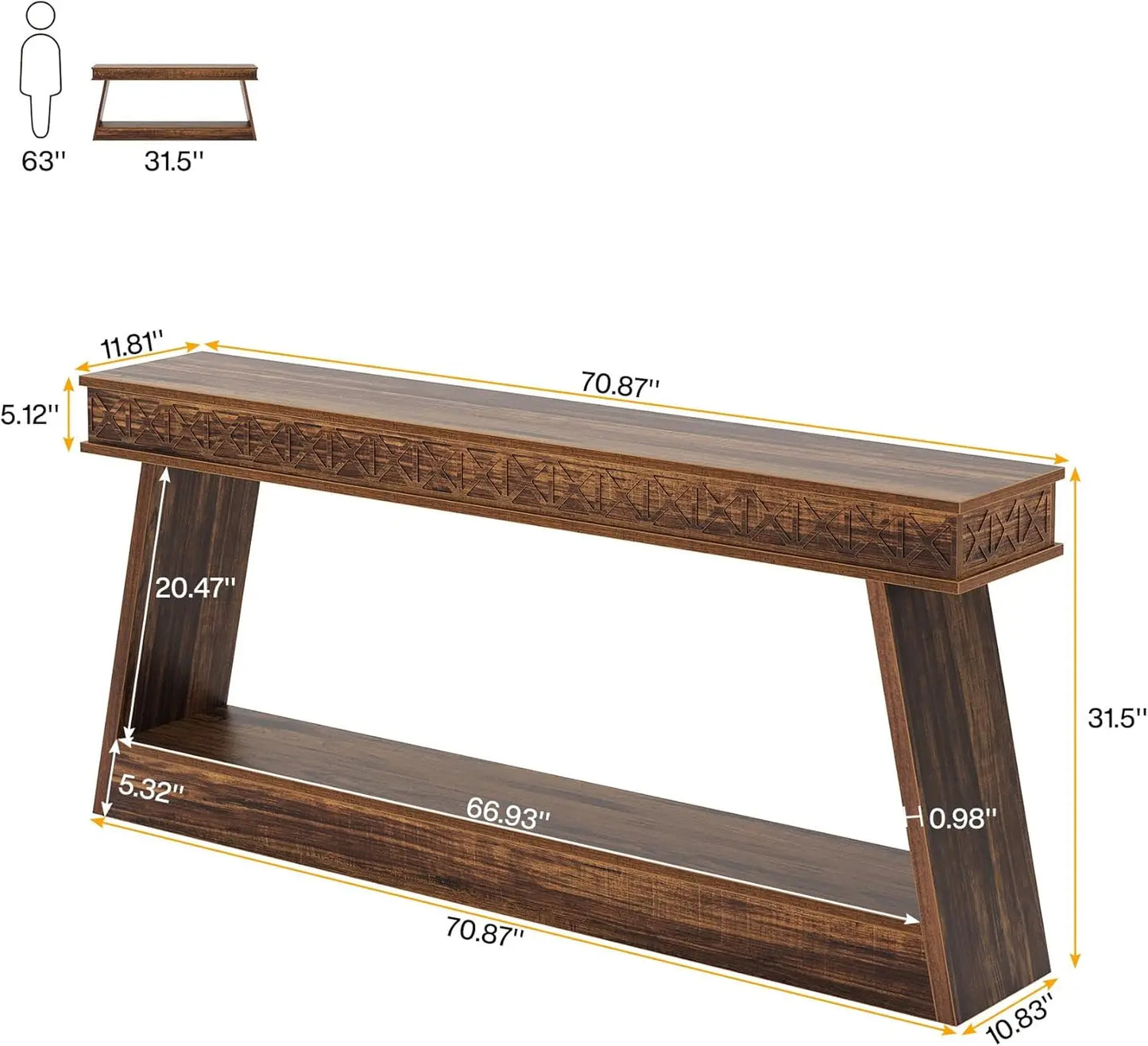 Farmhouse Console Table, 70.8" Extra Long Entryway Table with Storage, 2-Tier Narrow Sofa Table Behind The Couch, Rustic Wood.