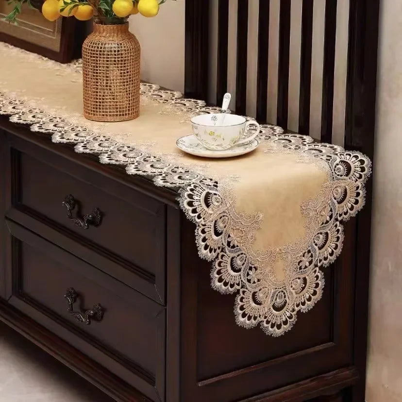Lace table runner American luxury waterproof and oil-proof pu dining table shoe cabinet strip tablecloth table runner