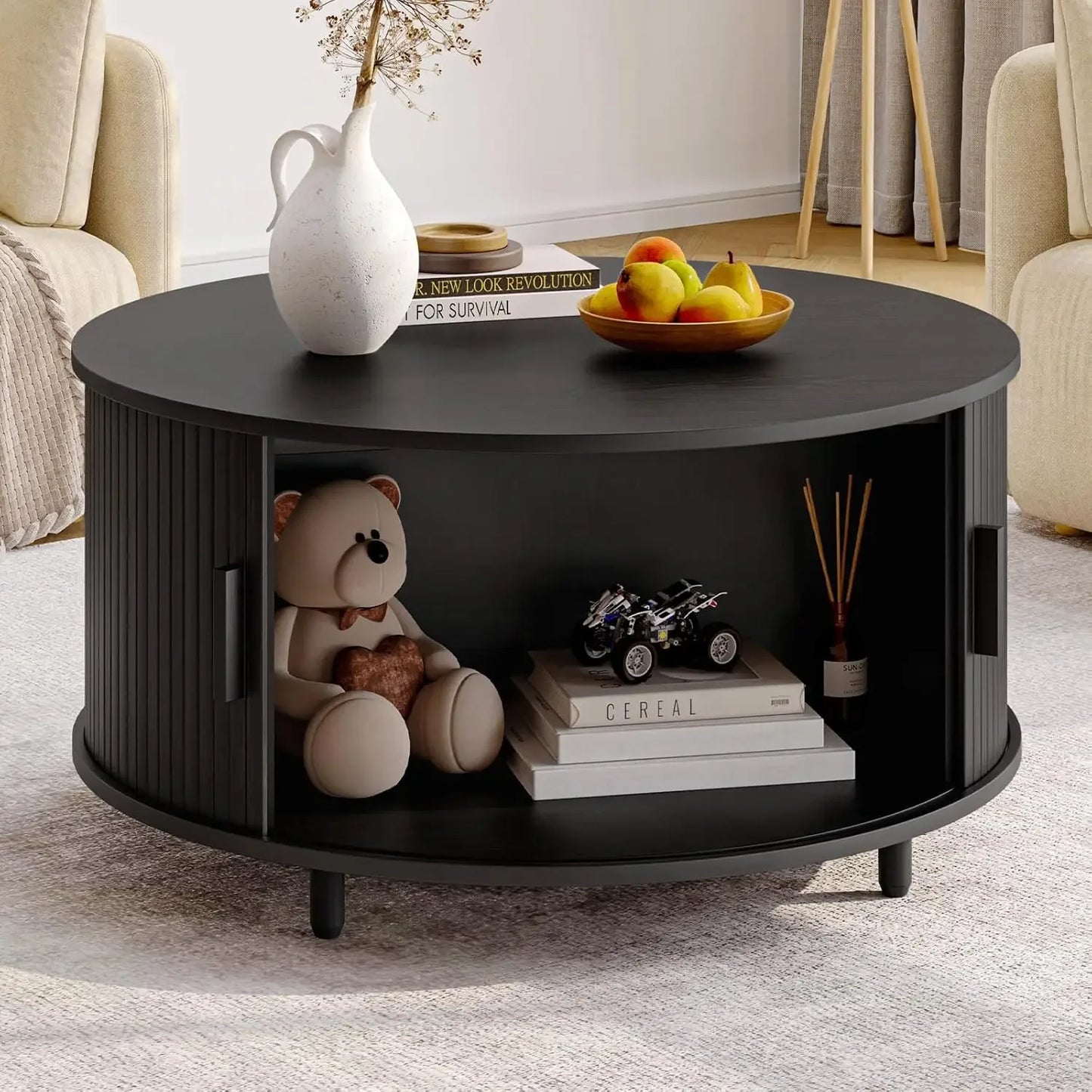 Round Coffee Table with Storage, 31.5" Modern Coffee Table with 360° Curved Sliding Door, Fluted Wood Accent Coffee Table