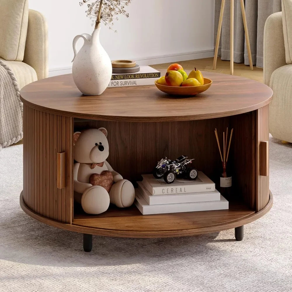 Round Coffee Table with Storage, 31.5" Modern Coffee Table with 360° Curved Sliding Door, Fluted Wood Accent Coffee Table