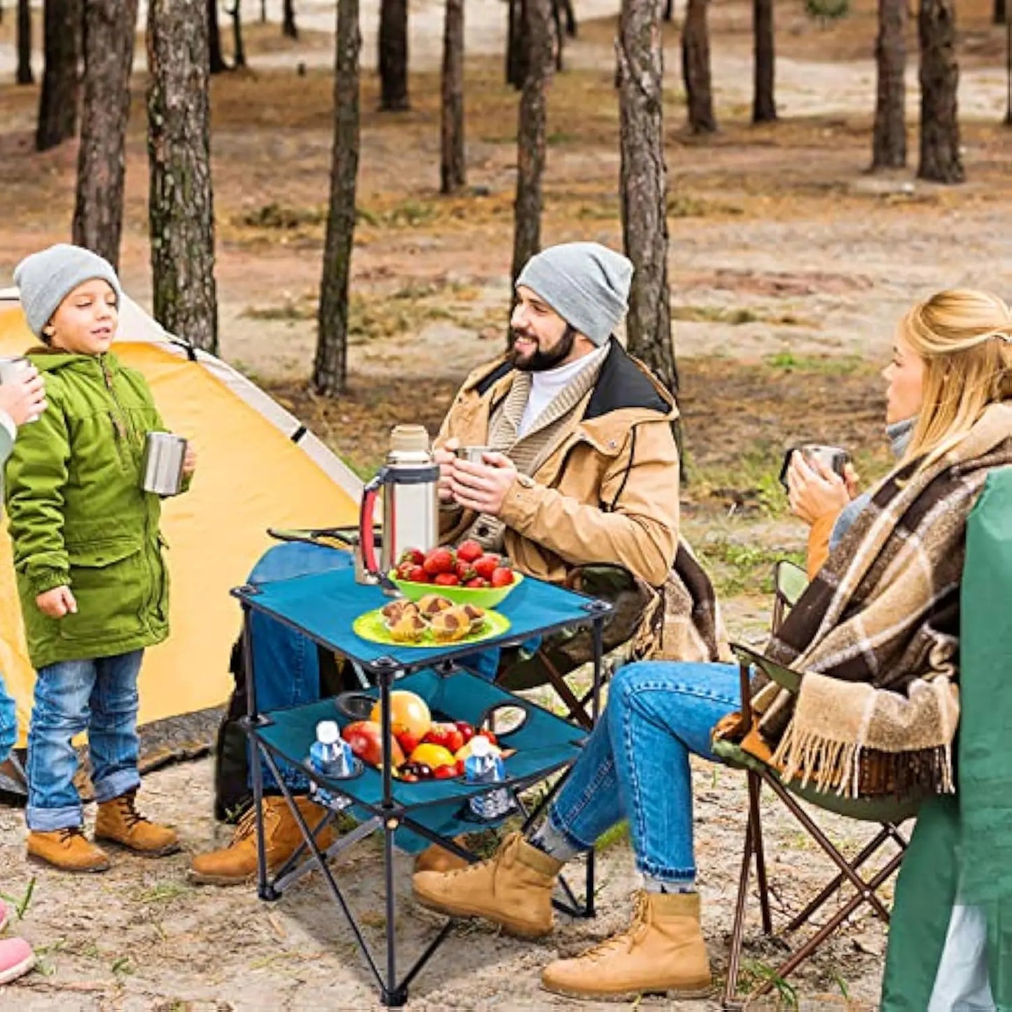 Folding Camping Table, Portable Outdoor Picnic Table, Lightweight Square Camp Table with Built-in 4 Cup Holders Food Basket and