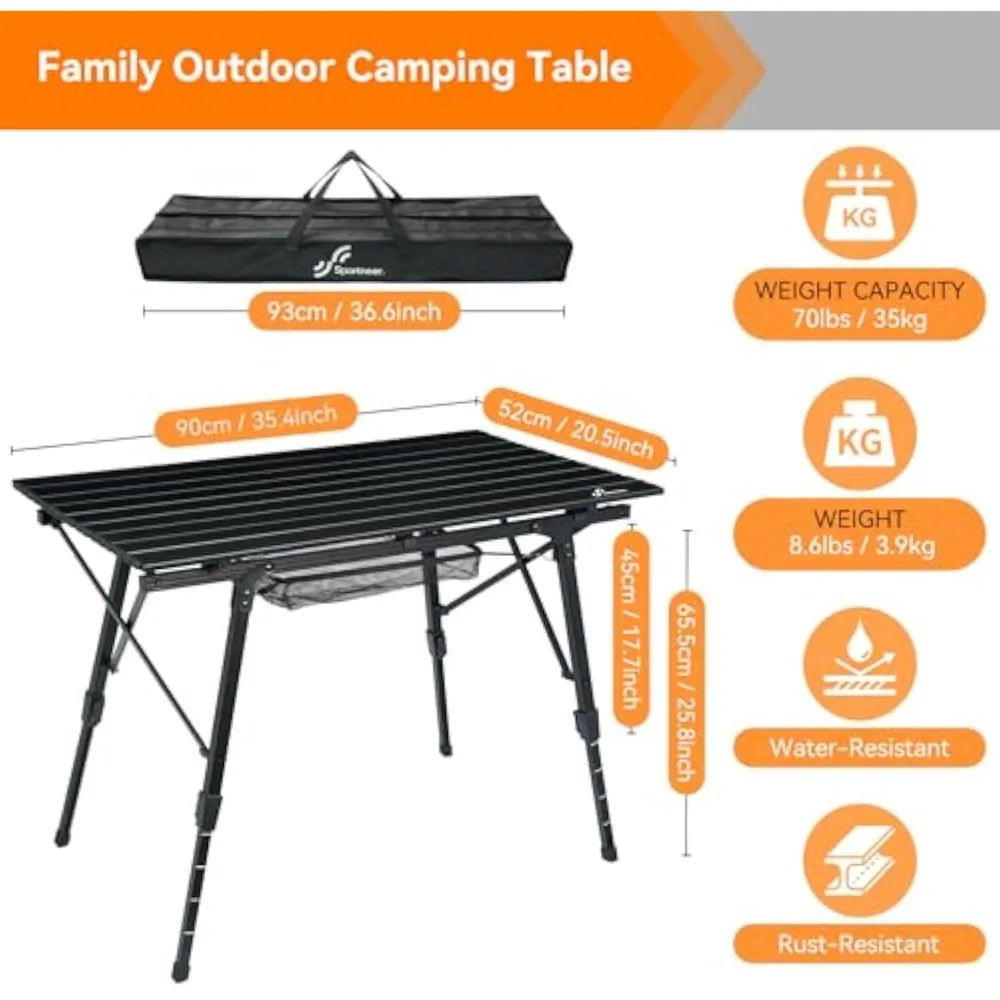Camping Tables That Fold Up Lightweight, Adjustable Height Aluminum Folding Table with Top Mesh Layer, Roll Up Camping