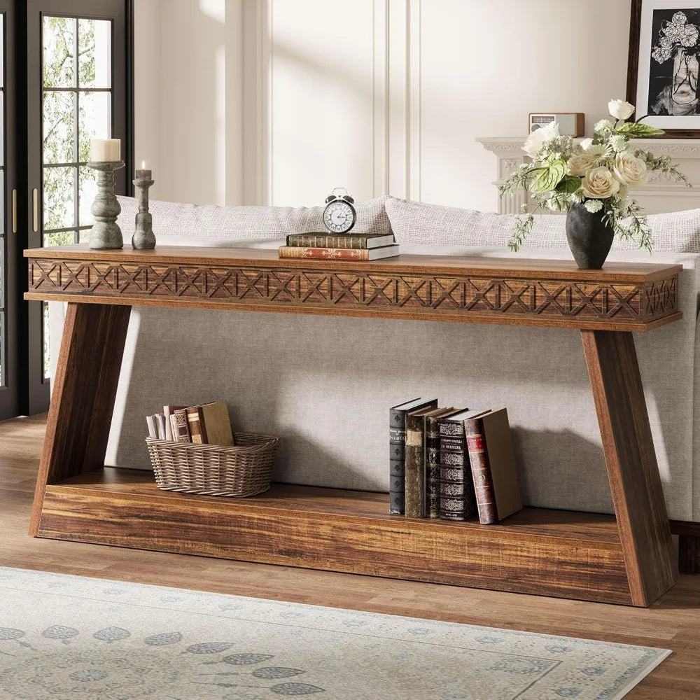 Farmhouse Console Table, 70.8" Extra Long Entryway Table with Storage, 2-Tier Narrow Sofa Table Behind The Couch, Rustic Wood.