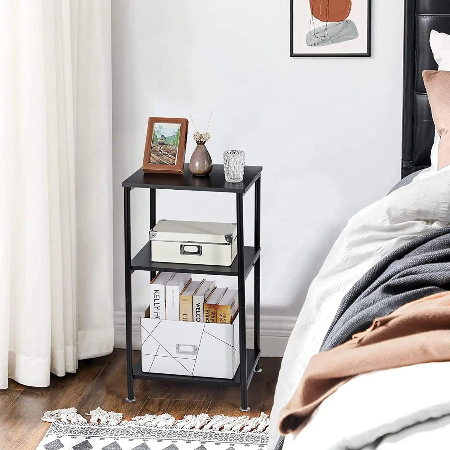3-Tier Metal Frame End Table with Storage Shelve for Bedroom Living Room Bedside Table