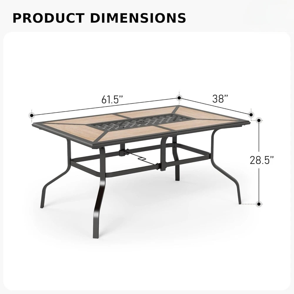 Outdoor Patio Dining Table for 6, Rectangular Furniture Table with Metal Frame and Immitation Top, Adjustable Umbrella Hole