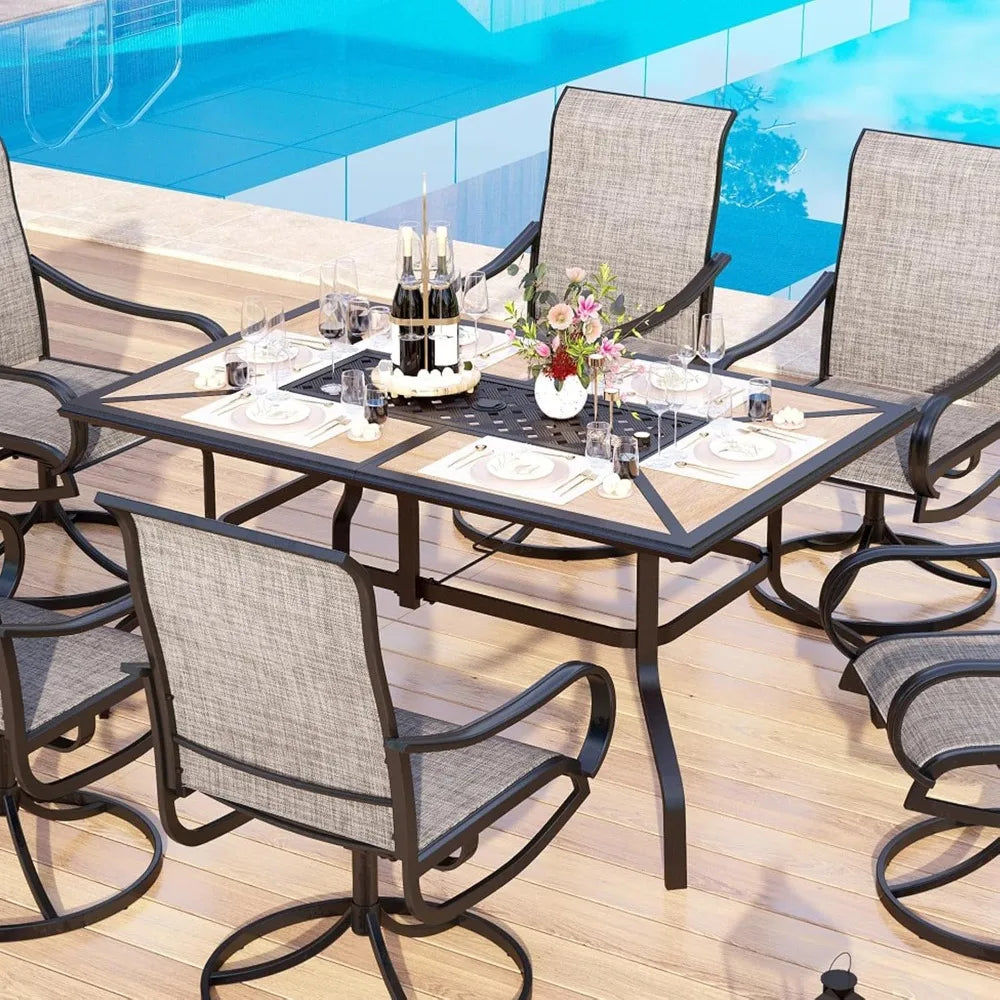 Outdoor Patio Dining Table for 6, Rectangular Furniture Table with Metal Frame and Immitation Top, Adjustable Umbrella Hole