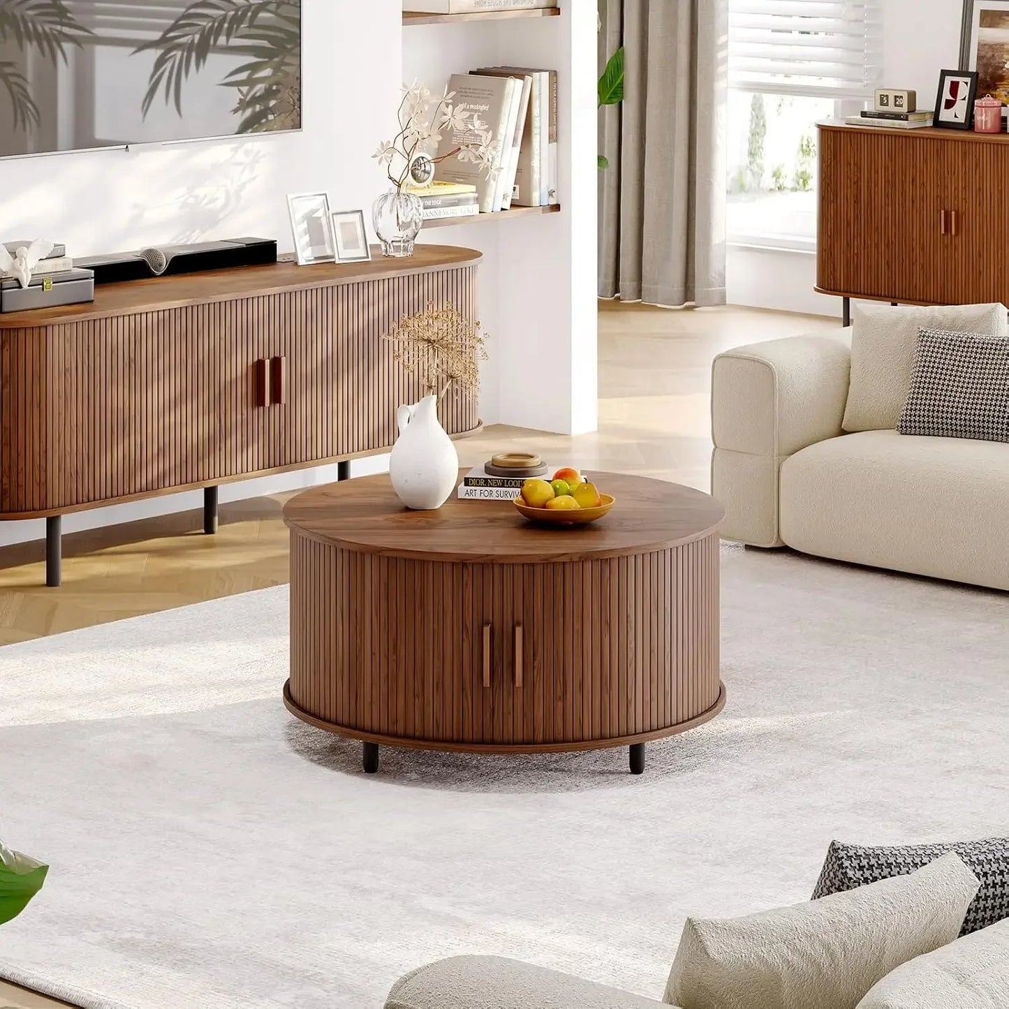 Round Coffee Table with Storage, 31.5" Modern Coffee Table with 360° Curved Sliding Door, Fluted Wood Accent Coffee Table