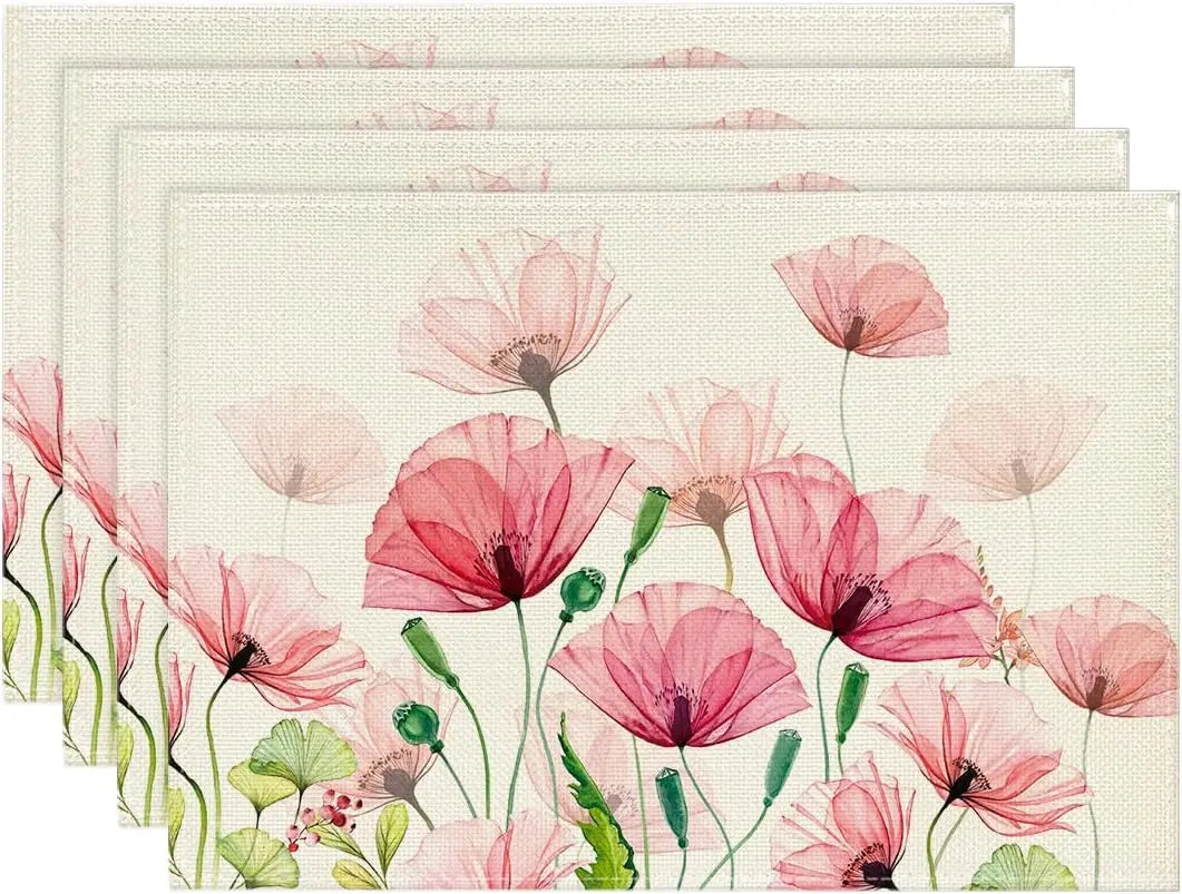 1/4PCS Artoid Mode Brown Poppy Floral Leaves Spring Placemats Seasonal Summer Table Mats for Party Kitchen Dining Decoration