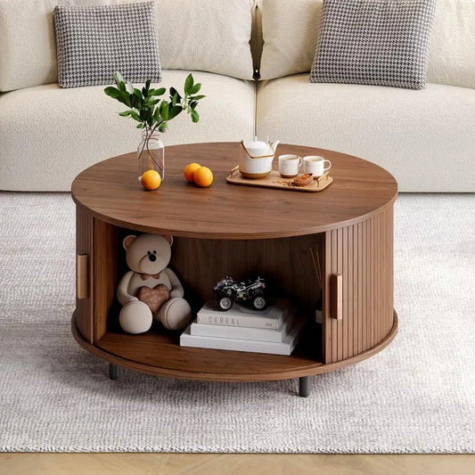 Round Coffee Table with Storage, 31.5" Modern Coffee Table with 360° Curved Sliding Door, Fluted Wood Accent Coffee Table