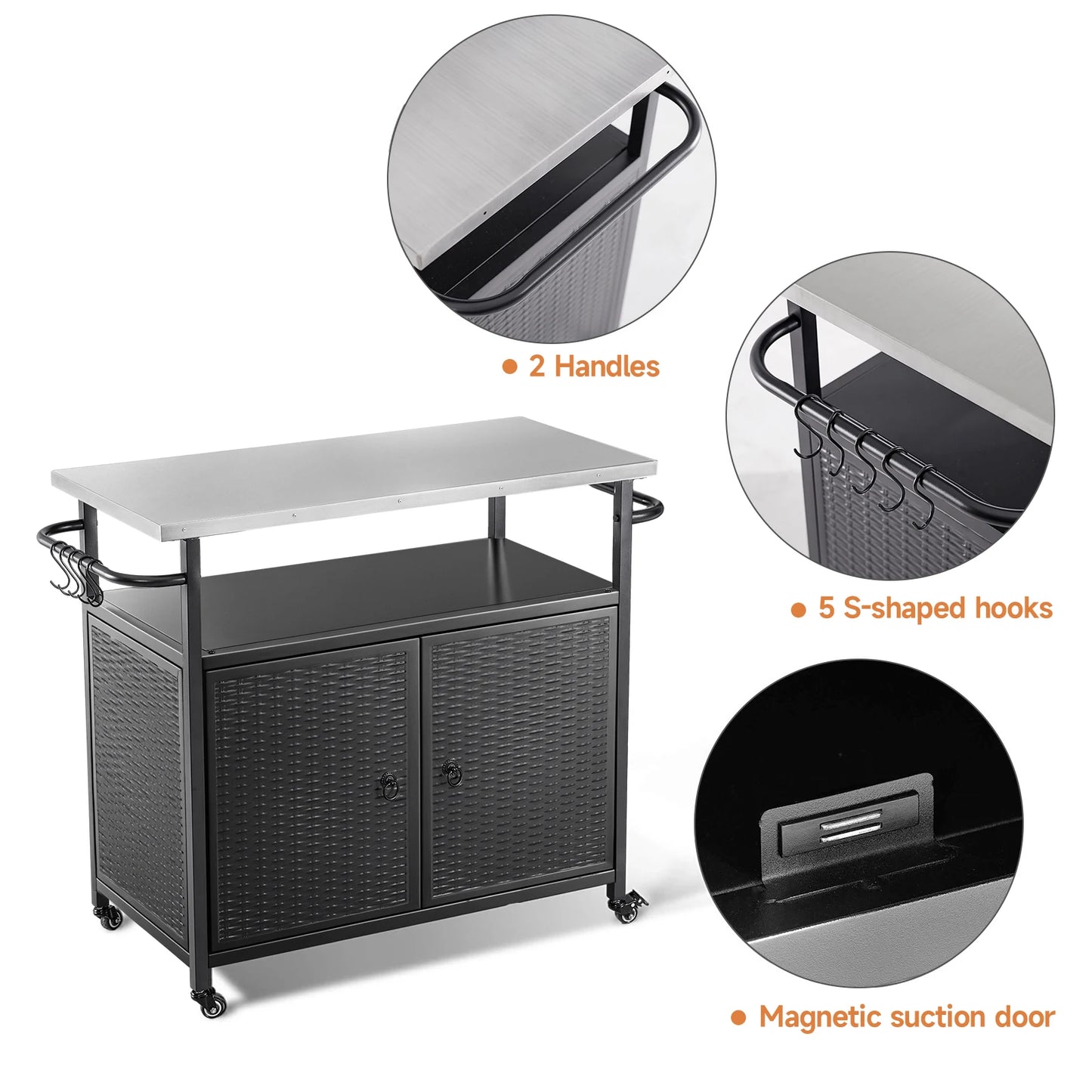 Outdoor Grill Cart with Storage Cabinet Metal Grill Cart Kitchen Island Cart Stainless Steel Top Wgeels for BBQ Patio Backyard