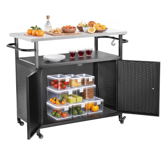 Outdoor Grill Cart with Storage Cabinet Metal Grill Cart Kitchen Island Cart Stainless Steel Top Wgeels for BBQ Patio Backyard