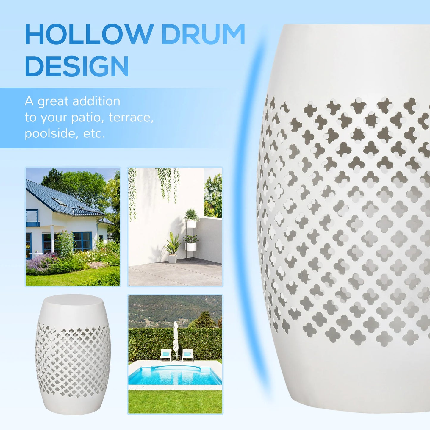 Outdoor & Indoor Garden Steel Round Accent Table W/Hollow Drum Design, White