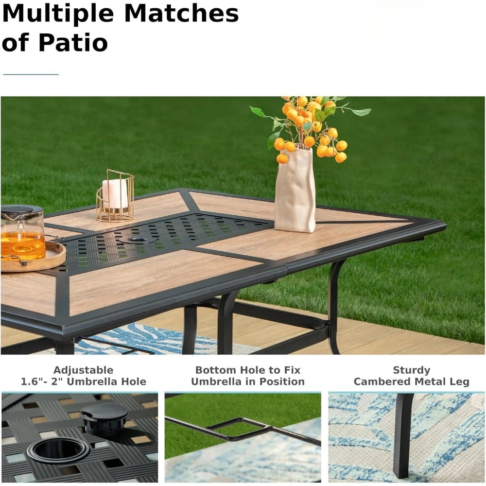 Outdoor Patio Dining Table for 6, Rectangular Furniture Table with Metal Frame and Immitation Top, Adjustable Umbrella Hole