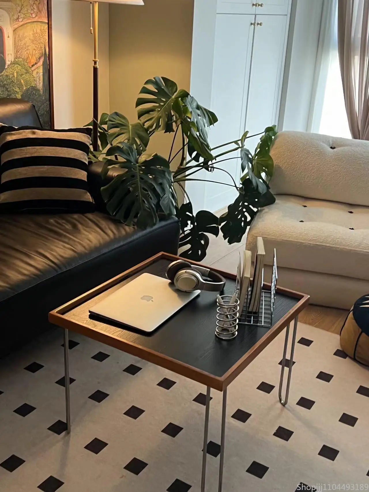 Elegant Square Coffee Table, Mid-Century Modern Nordic Style, Stainless Steel, Cherry Finish