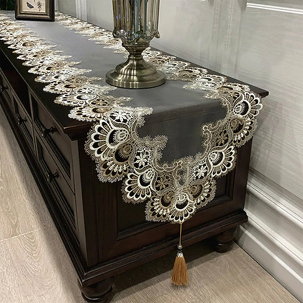 Lace Tablecloth TV Cabinet Tablecloth European Lace Table Runner Embroidered Long Strip Anti-dust Tassel Dresser Cover