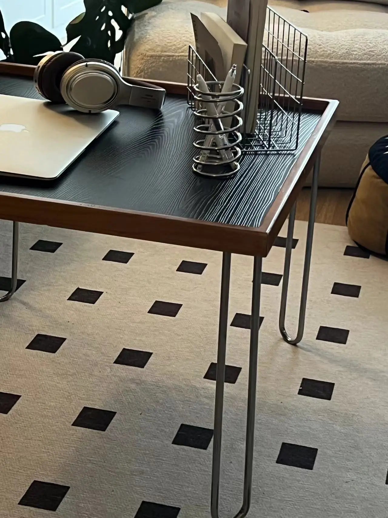 Elegant Square Coffee Table, Mid-Century Modern Nordic Style, Stainless Steel, Cherry Finish