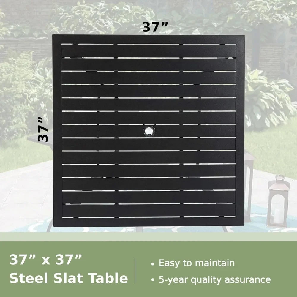 37" Metal Steel Slat Patio Dining Table Square Backyard Bistro Table Outdoor Furniture Garden Table, 1.57” Umbrella Hole