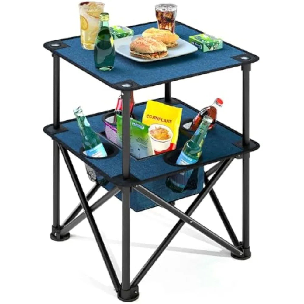 Folding Camping Table, Portable Outdoor Picnic Table, Lightweight Square Camp Table with Built-in 4 Cup Holders Food Basket and