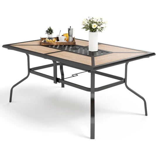 Outdoor Patio Dining Table for 6, Rectangular Furniture Table with Metal Frame and Immitation Top, Adjustable Umbrella Hole