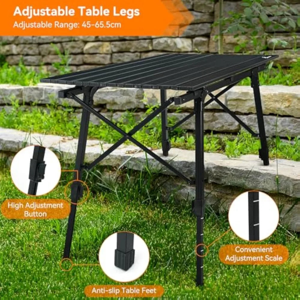 Camping Tables That Fold Up Lightweight, Adjustable Height Aluminum Folding Table with Top Mesh Layer, Roll Up Camping