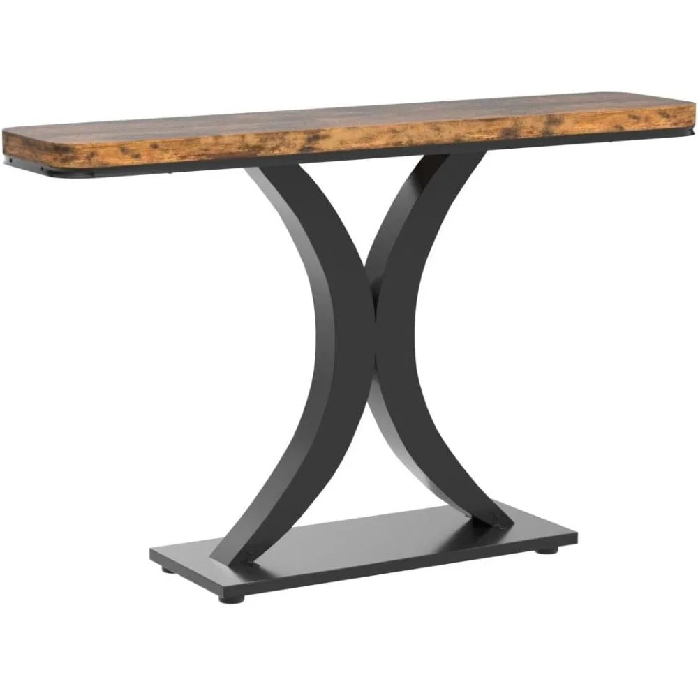 Industrial Console Table, 40 inch Narrow Entryway Foyer Table with Geometric Base, Rustic Hallway Accent Table for Living Room.