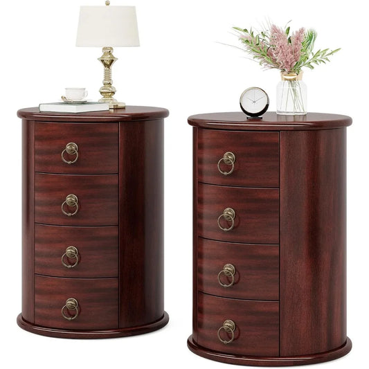 Solid Wood End Table, Round Side Table with 4 Drawers, Vintage Bedside Table Nightstand for Small Spaces, Living Room