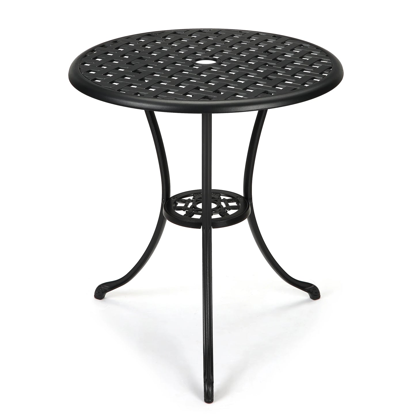 Patio Bistro Table, 23.6" Round Outdoor Coffee Table with Umbrella Hole, 26'' High Outdoor Cast Aluminum Bistro Table Side Table