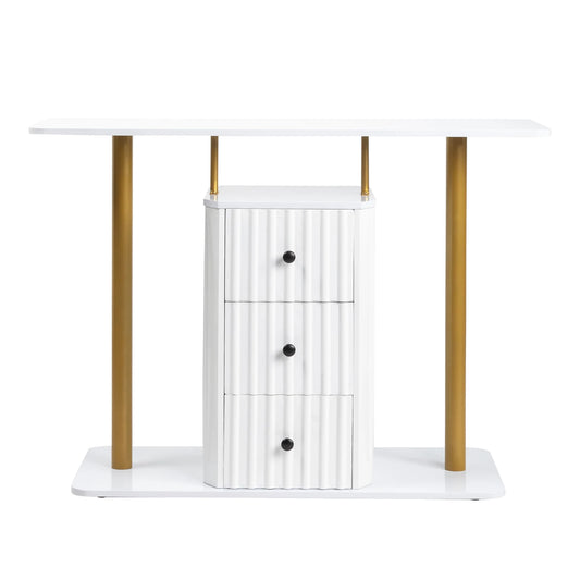 Modern Console Table with 3 Drawers,Metal Frame Sofa Accent Table, Sofa Side Table for Living Room Bedroom, White & Golden