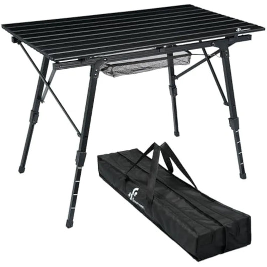 Camping Tables That Fold Up Lightweight, Adjustable Height Aluminum Folding Table with Top Mesh Layer, Roll Up Camping
