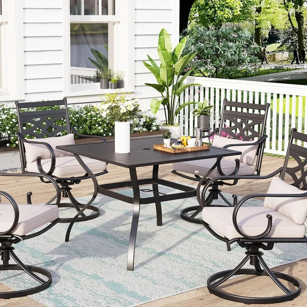 37" Metal Steel Slat Patio Dining Table Square Backyard Bistro Table Outdoor Furniture Garden Table, 1.57” Umbrella Hole