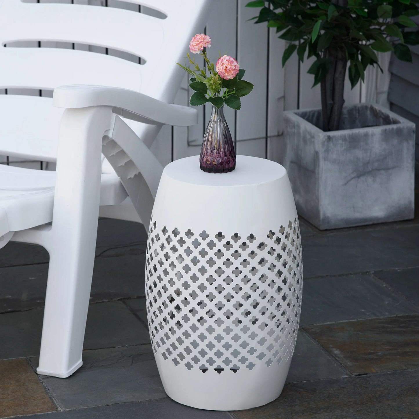 Outdoor & Indoor Garden Steel Round Accent Table W/Hollow Drum Design, White