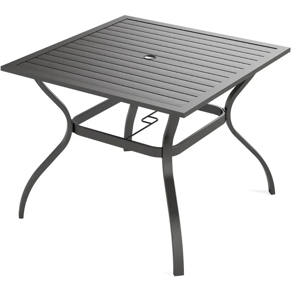 37" Metal Steel Slat Patio Dining Table Square Backyard Bistro Table Outdoor Furniture Garden Table, 1.57” Umbrella Hole