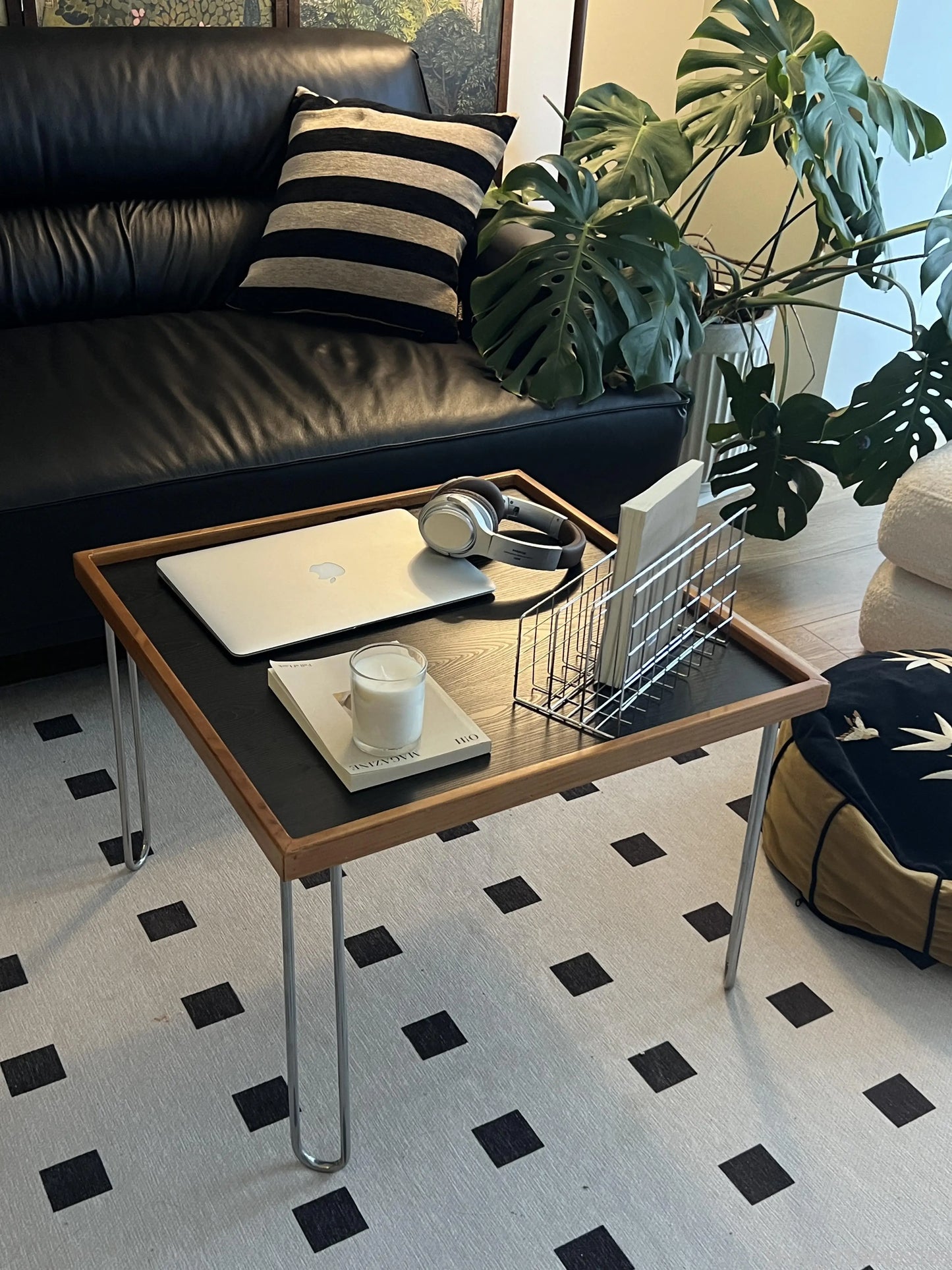 Elegant Square Coffee Table, Mid-Century Modern Nordic Style, Stainless Steel, Cherry Finish