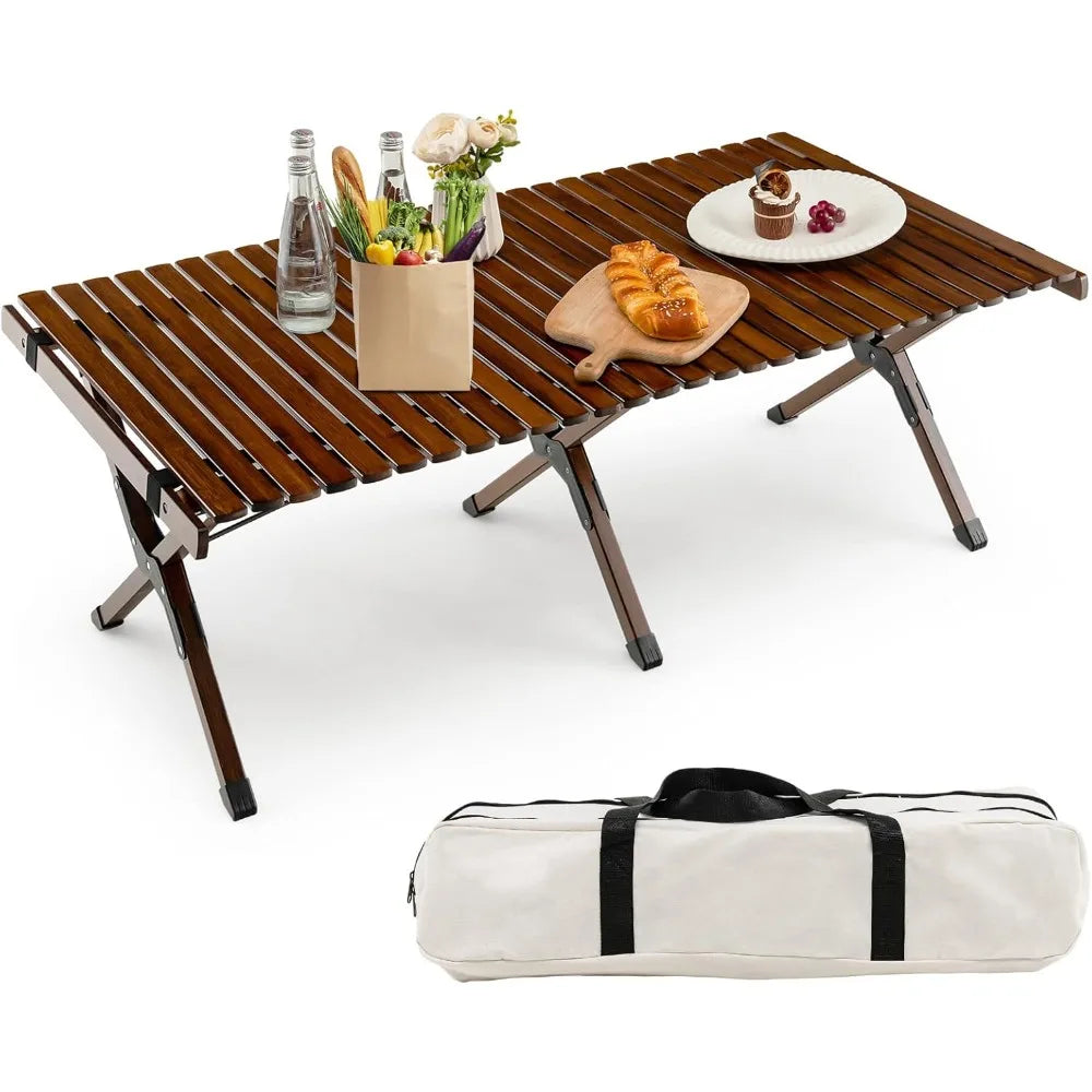 Folding Picnic Table, Roll-up Bamboo Tabletop, Portable Camping Table w/Carry Bag, Indoor Outdoor Table for Patio Garden Beach
