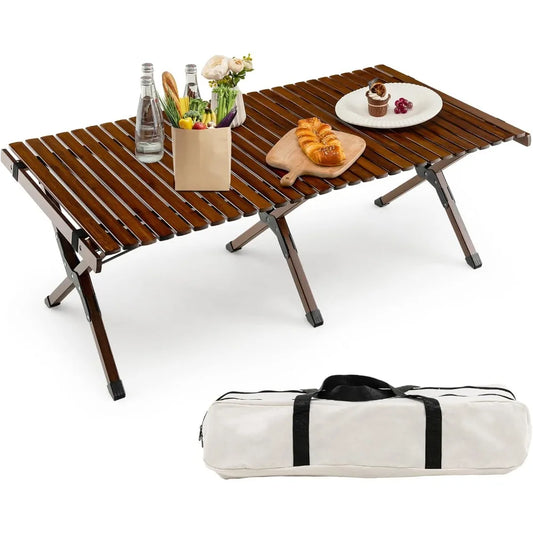 Folding Picnic Table, Roll-up Bamboo Tabletop, Portable Camping Table w/Carry Bag, Indoor Outdoor Table for Patio Garden Beach