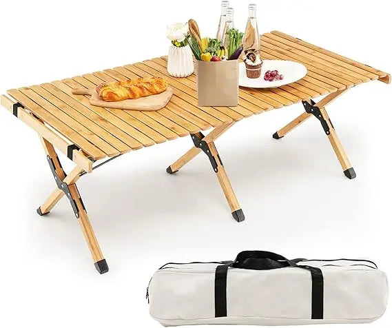 Folding Picnic Table, Roll-up Bamboo Tabletop, Portable Camping Table w/Carry Bag, Indoor Outdoor Table for Patio Garden Beach