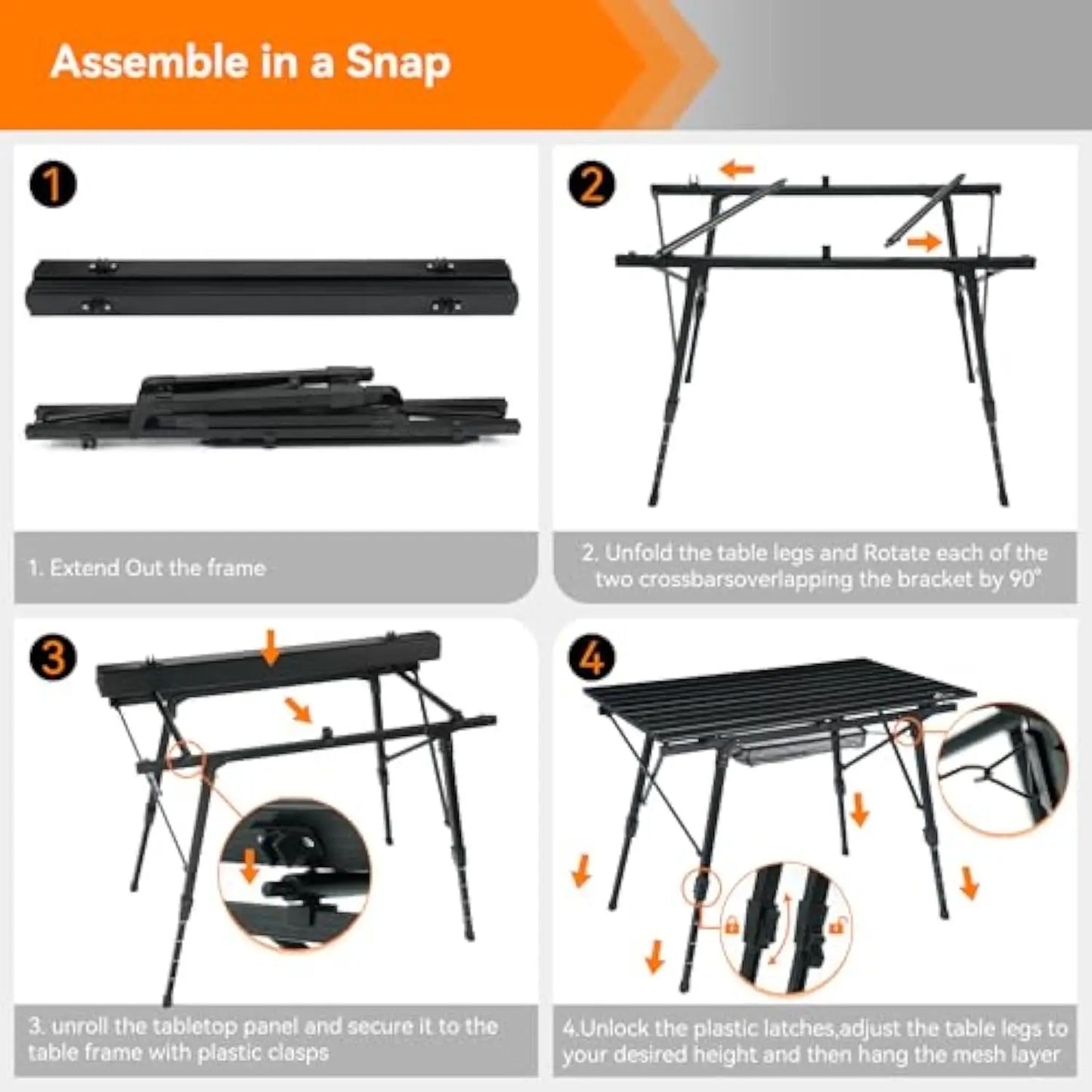 Camping Tables That Fold Up Lightweight, Adjustable Height Aluminum Folding Table with Top Mesh Layer, Roll Up Camping