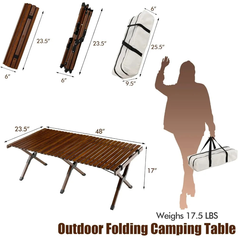 Folding Picnic Table, Roll-up Bamboo Tabletop, Portable Camping Table w/Carry Bag, Indoor Outdoor Table for Patio Garden Beach