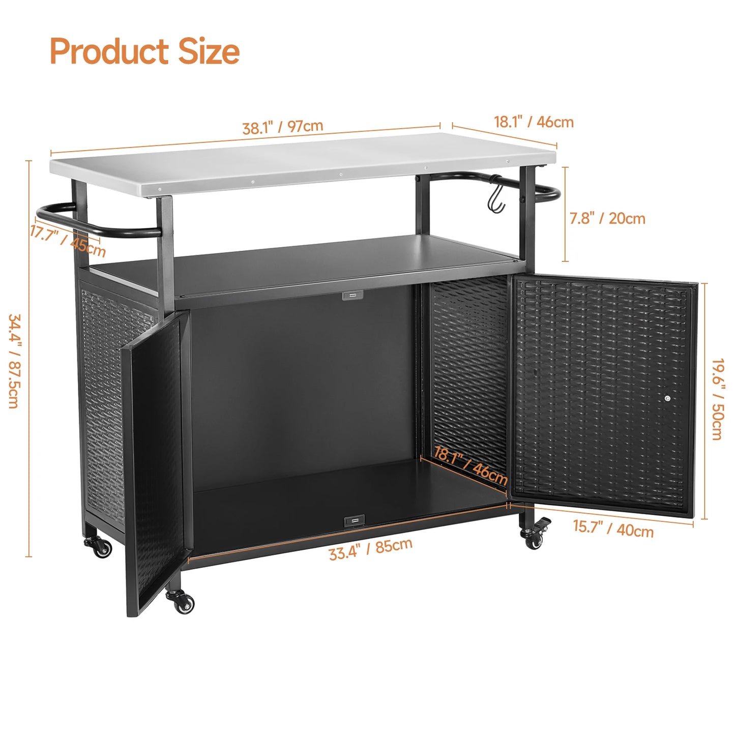 Outdoor Grill Cart with Storage Cabinet Metal Grill Cart Kitchen Island Cart Stainless Steel Top Wgeels for BBQ Patio Backyard