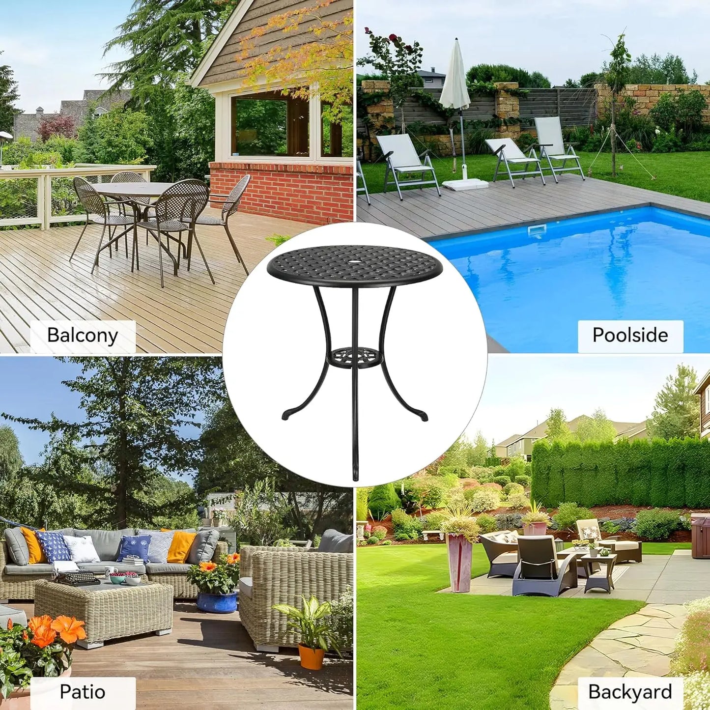 Patio Bistro Table, 23.6" Round Outdoor Coffee Table with Umbrella Hole, 26'' High Outdoor Cast Aluminum Bistro Table Side Table