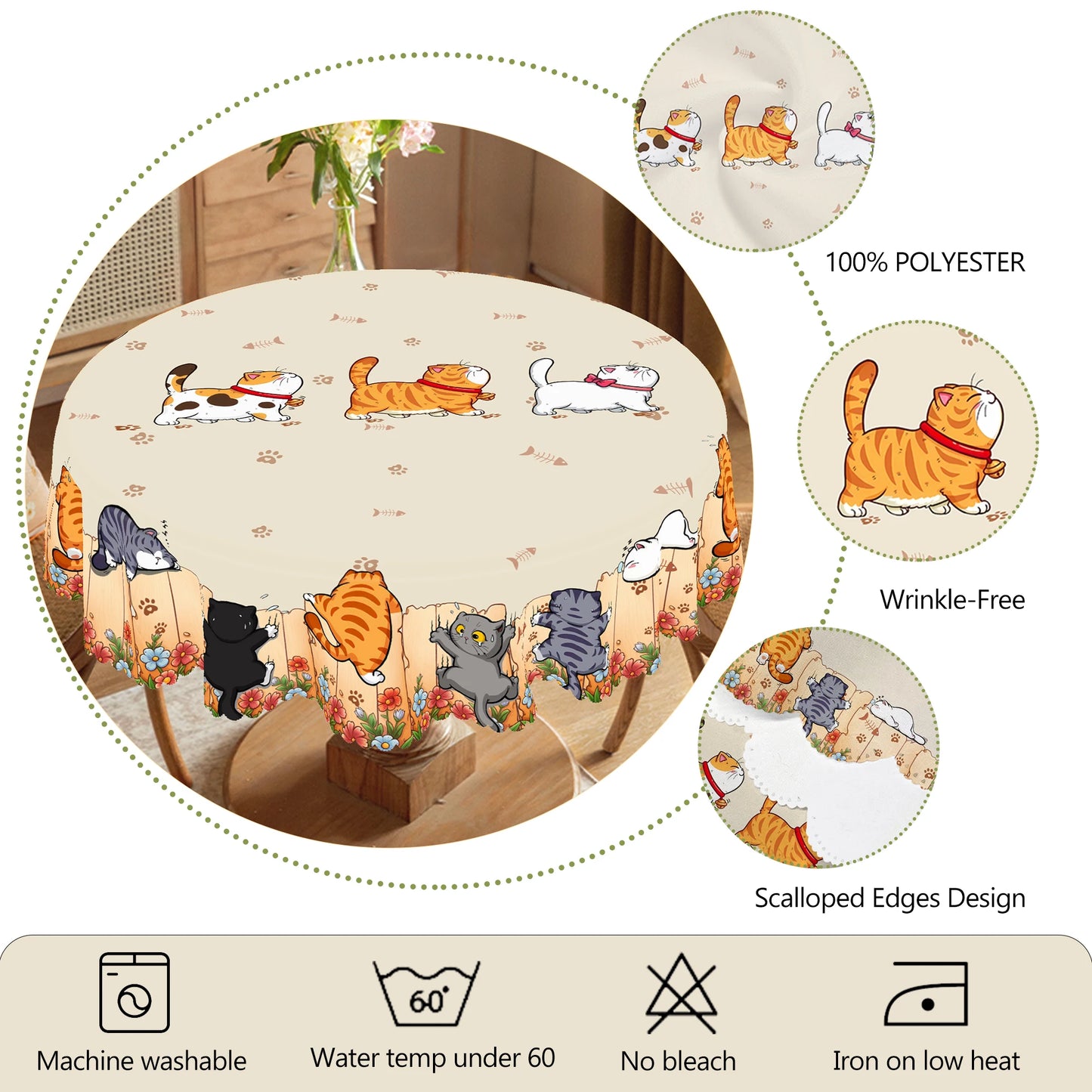 1 Piece of Cute Cat Round Tablecloth, 5 Sizes Available, Cute Cartoon Cat Pattern Printed Desk Tablecloth, Edge Embossing Process, Courtyard Bedroom Decoration, Tablecloth for Daily Home Kitchen, Terrace Use, Spring Decoration